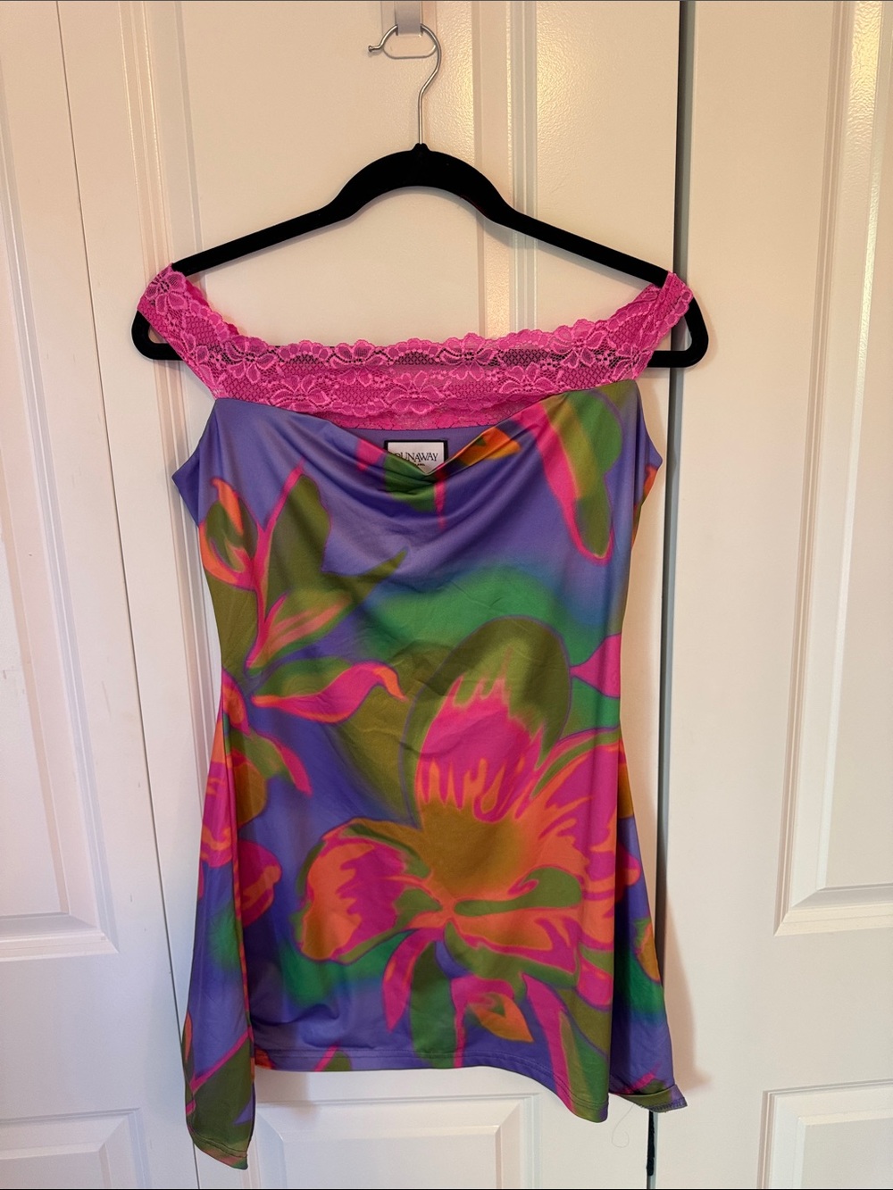 One-Shoulder Multicolor Floral Mini Dress with Pink Trim - Picture 3 of 3
